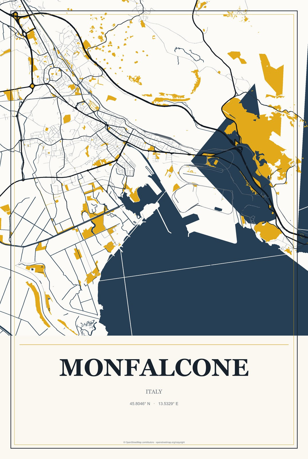 Monfalcone, Italy City Map Aluminum Sign in Citrine Modern style