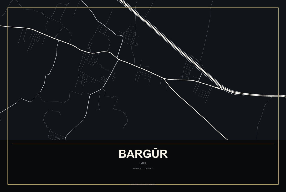 Bargūr, India City Map Aluminum Sign in Metropolitan Noir style