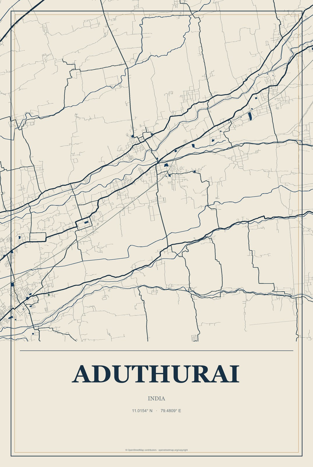 Aduthurai, India City Map Aluminum Sign in Coastal Cutout style