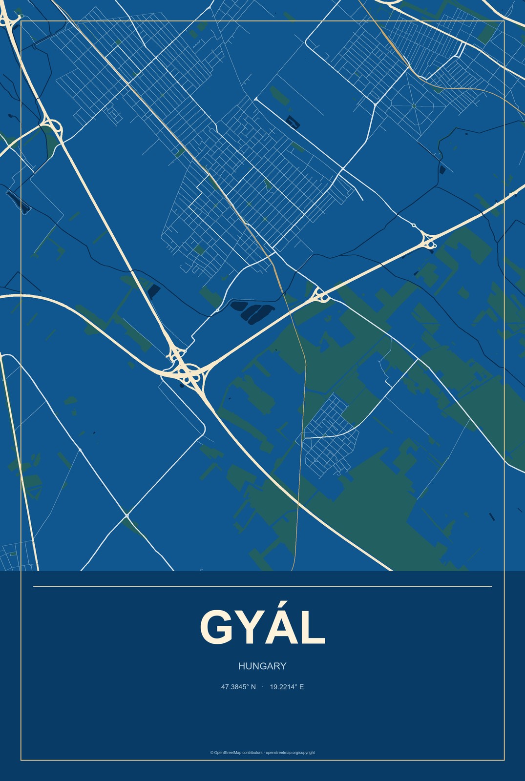 Gyál, Hungary City Map Aluminum Sign in Harbor Cobalt style