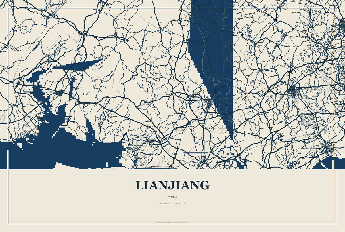Lianjiang, China City Map Aluminum Sign in Coastal Cutout style