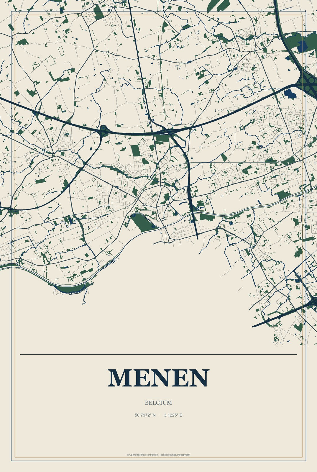 Menen, Belgium City Map Aluminum Sign in Coastal Cutout style