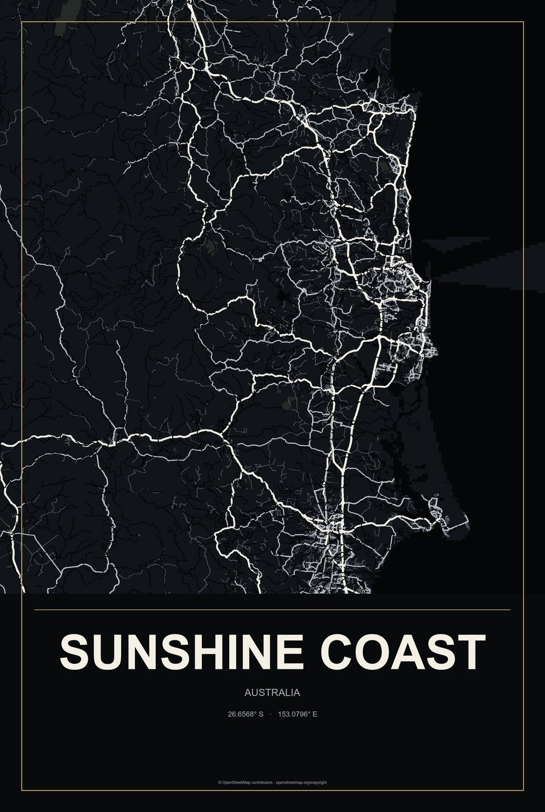 Sunshine Coast, Australia City Map Aluminum Sign in Metropolitan Noir style