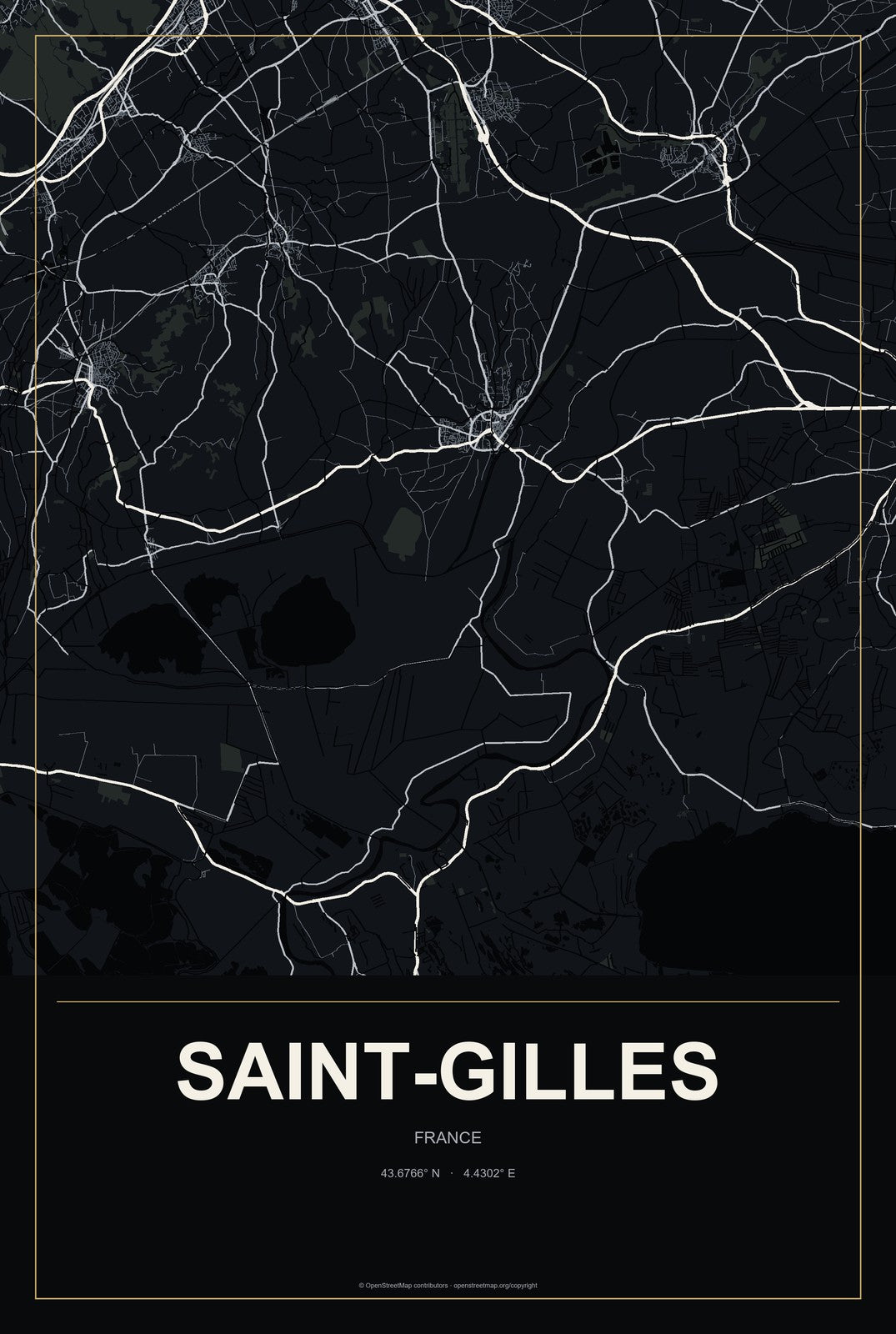 Saint-Gilles, France City Map Aluminum Sign in Metropolitan Noir style