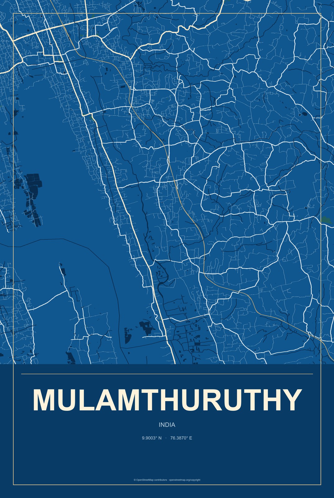 Mulamthuruthy, India City Map Aluminum Sign in Harbor Cobalt style