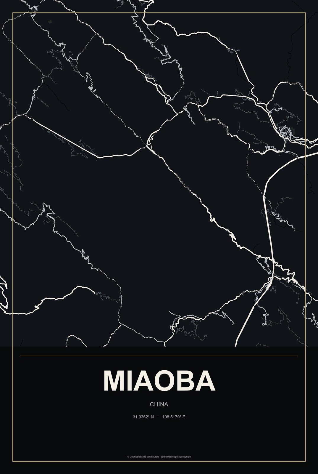 Miaoba, China City Map Aluminum Sign in Metropolitan Noir style