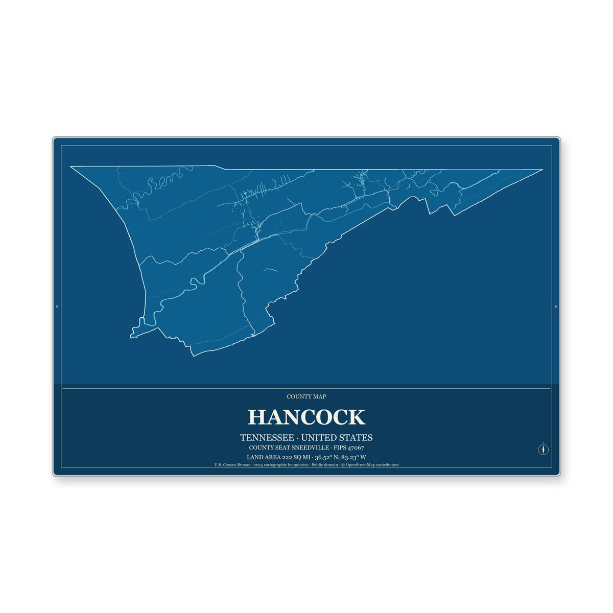 Hancock County, Tennessee Map Aluminum Sign in Harbor Cobalt style