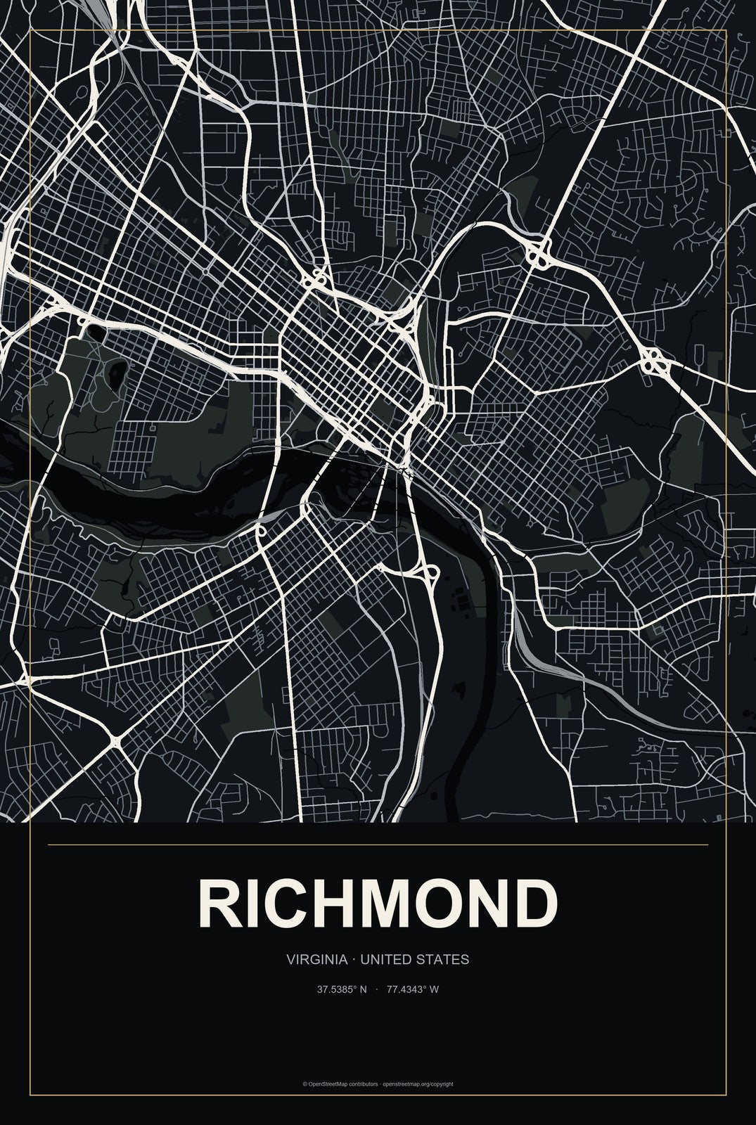 Richmond, Virginia City Map Aluminum Sign in Metropolitan Noir style