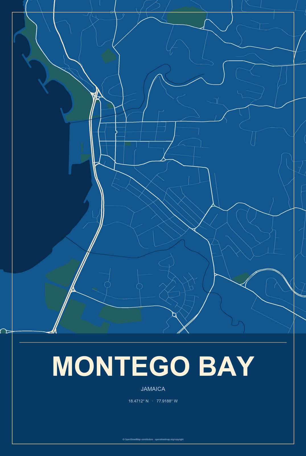 Montego Bay, Jamaica City Map Aluminum Sign in Harbor Cobalt style
