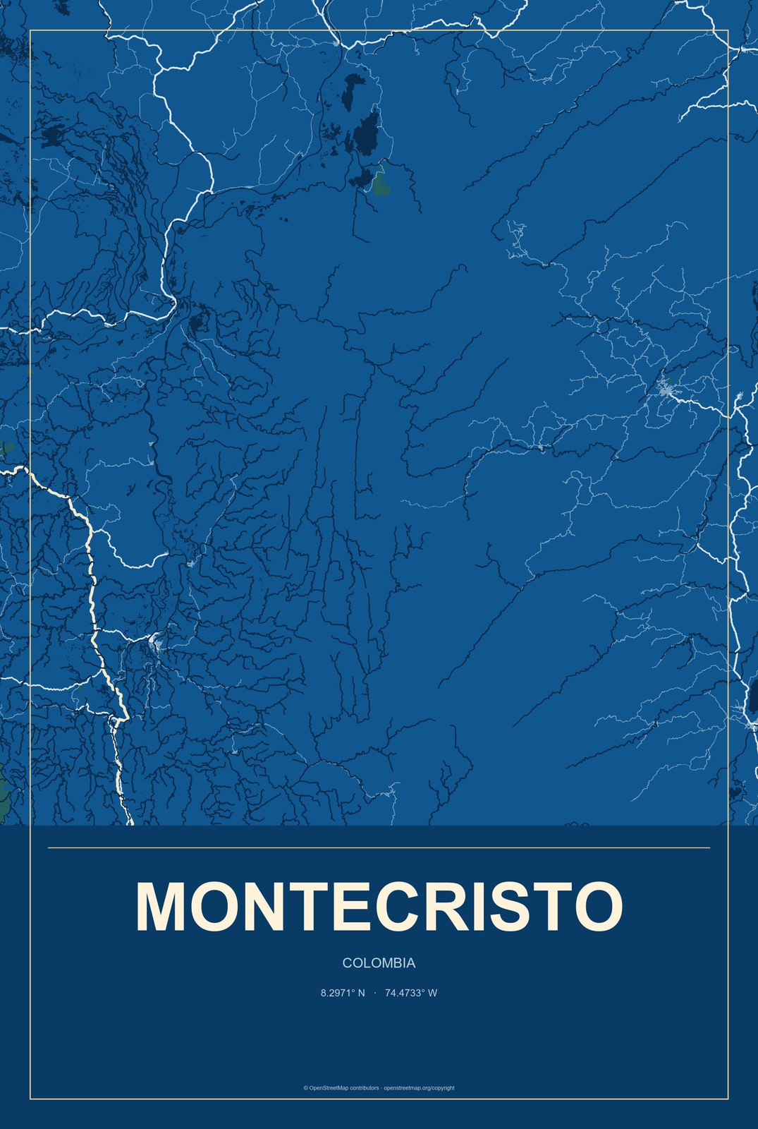 Montecristo, Colombia City Map Aluminum Sign in Harbor Cobalt style