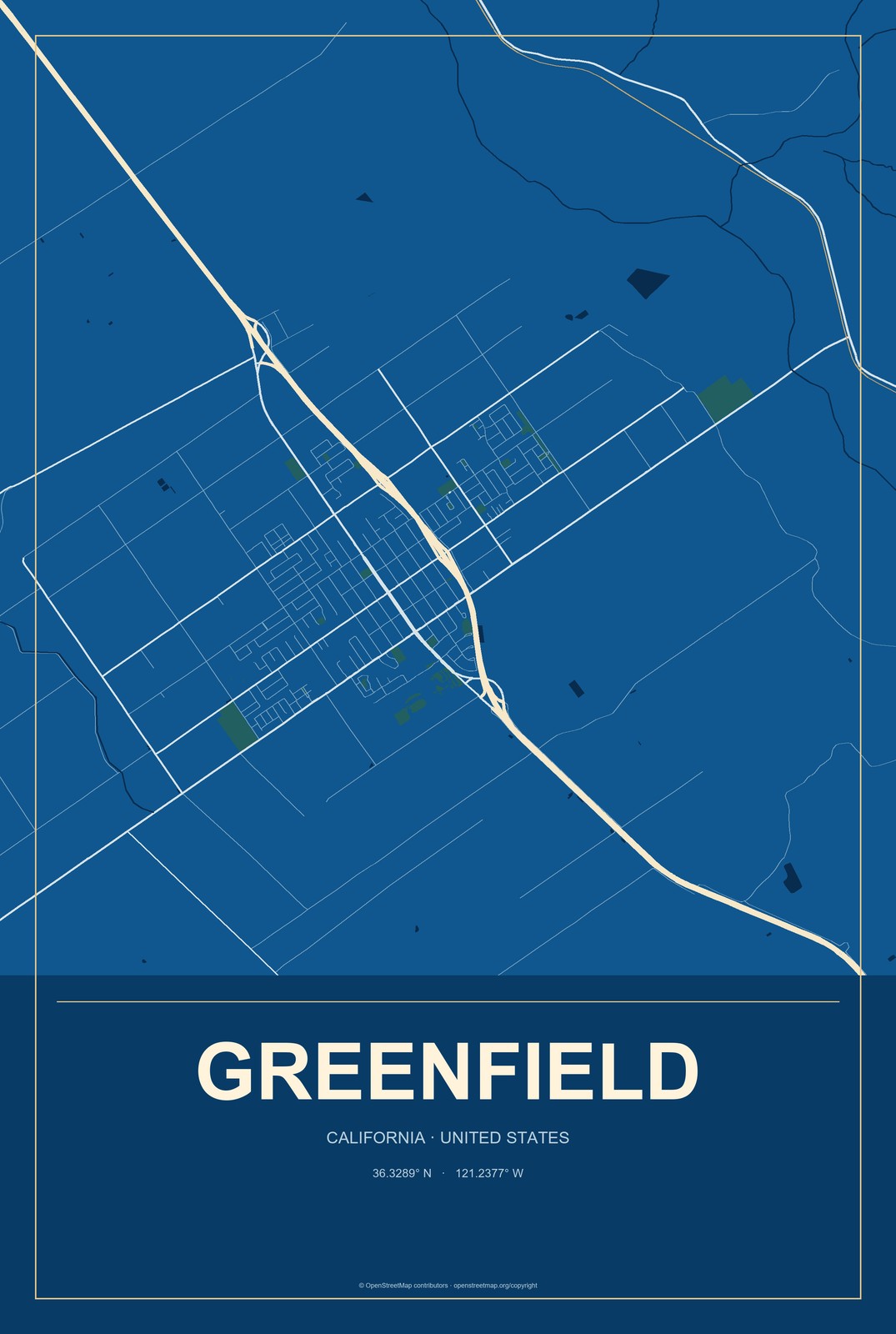Greenfield, California City Map Aluminum Sign in Harbor Cobalt style