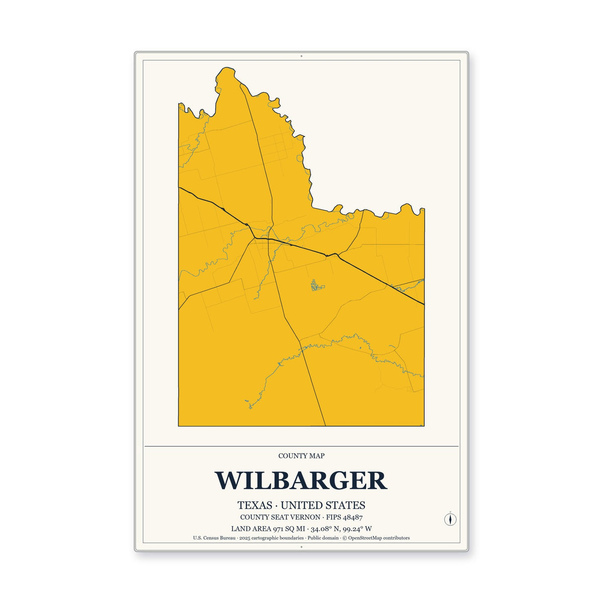 Wilbarger County, Texas Map Aluminum Sign in Citrine Modern style