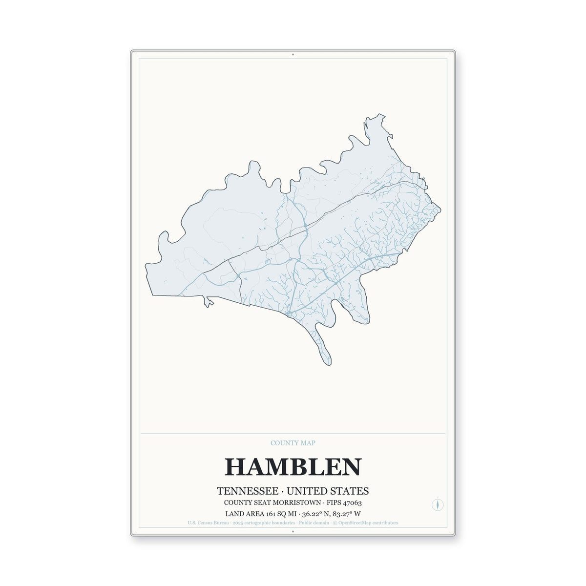 Hamblen County, Tennessee Map Aluminum Sign in Gallery Air style