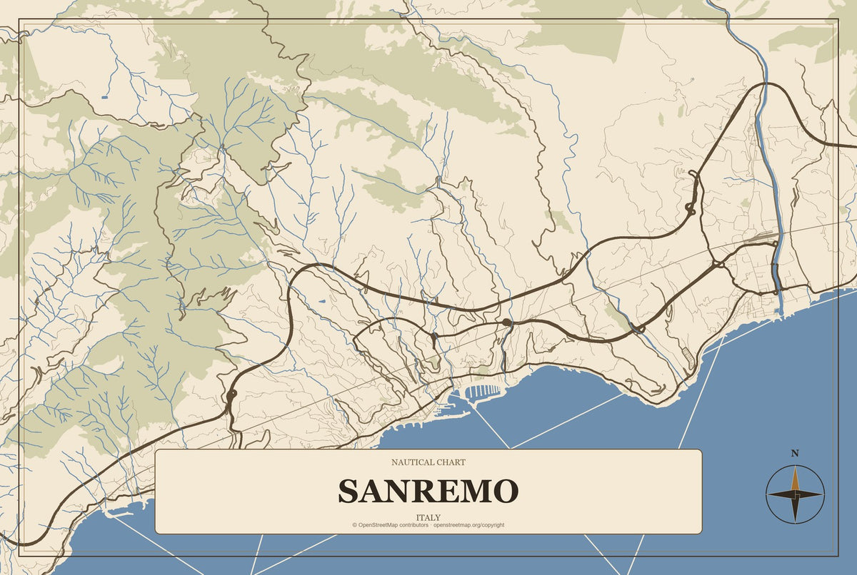 Sanremo, Italy City Map Aluminum Sign in Heritage Nautical style