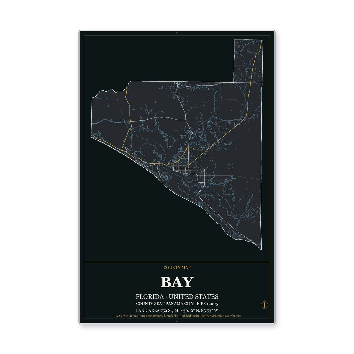 Bay County, Florida Map Aluminum Sign in Metropolitan Noir style