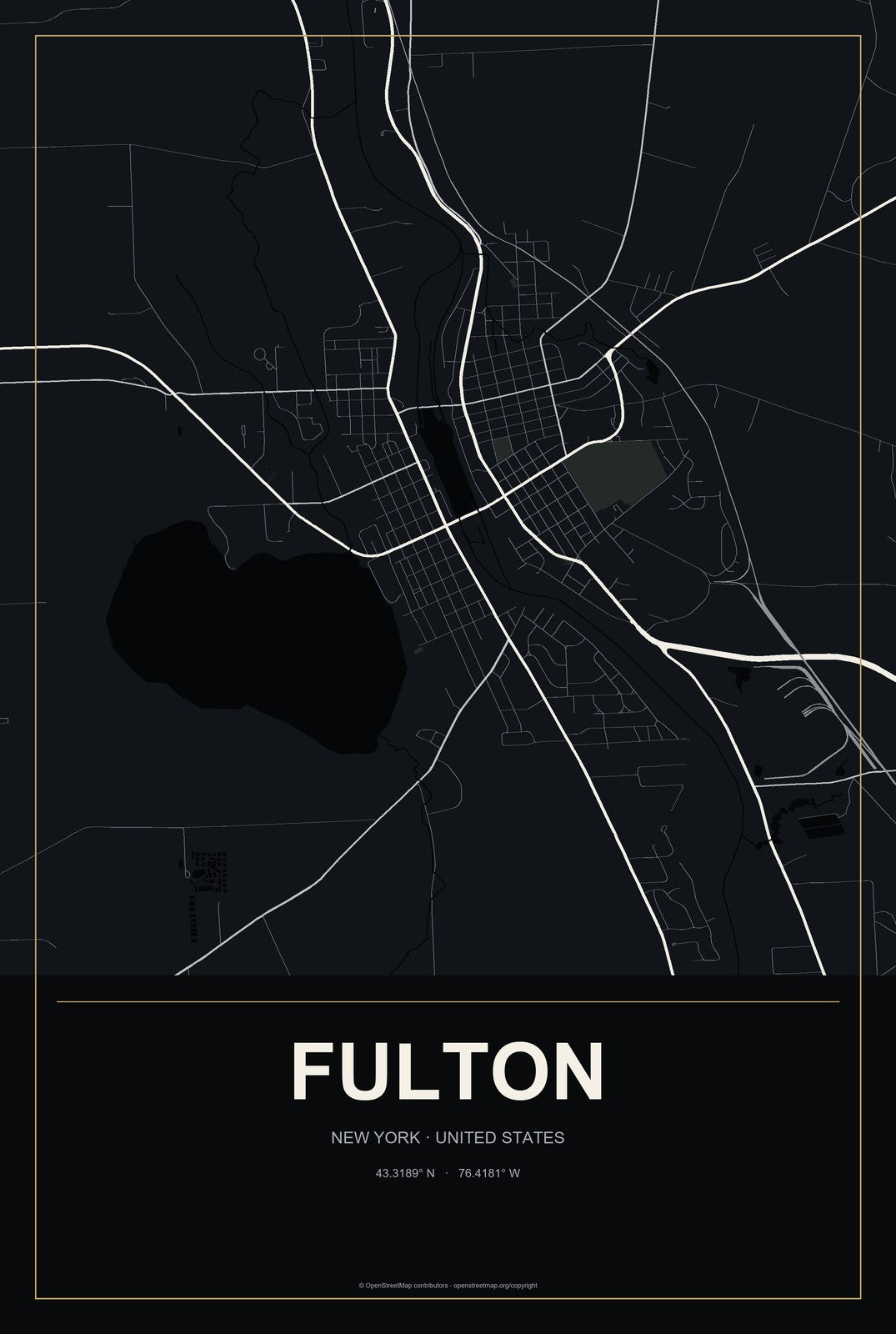 Fulton, New York City Map Aluminum Sign in Metropolitan Noir style