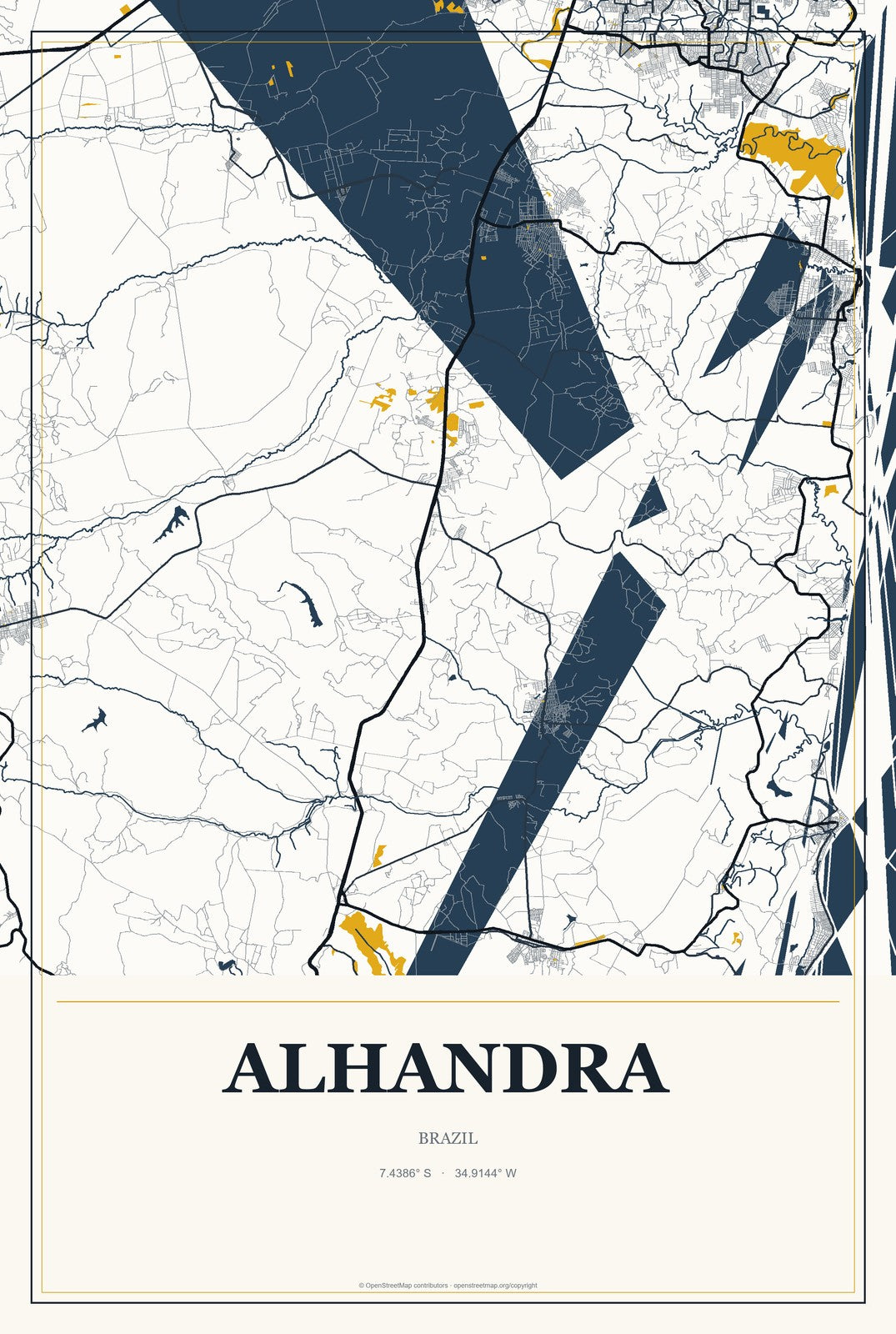 Alhandra, Brazil City Map Aluminum Sign in Citrine Modern style