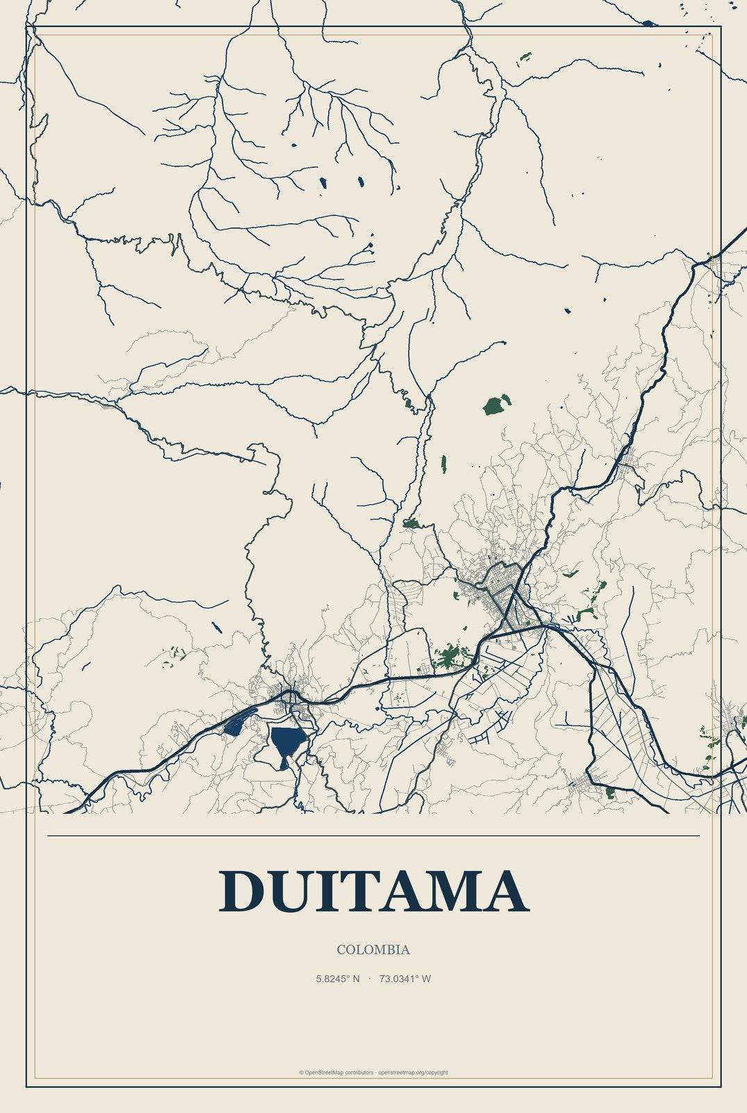Duitama, Colombia City Map Aluminum Sign in Coastal Cutout style