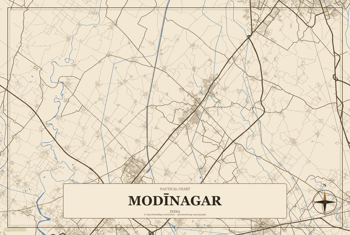 Modīnagar, India City Map Aluminum Sign in Heritage Nautical style