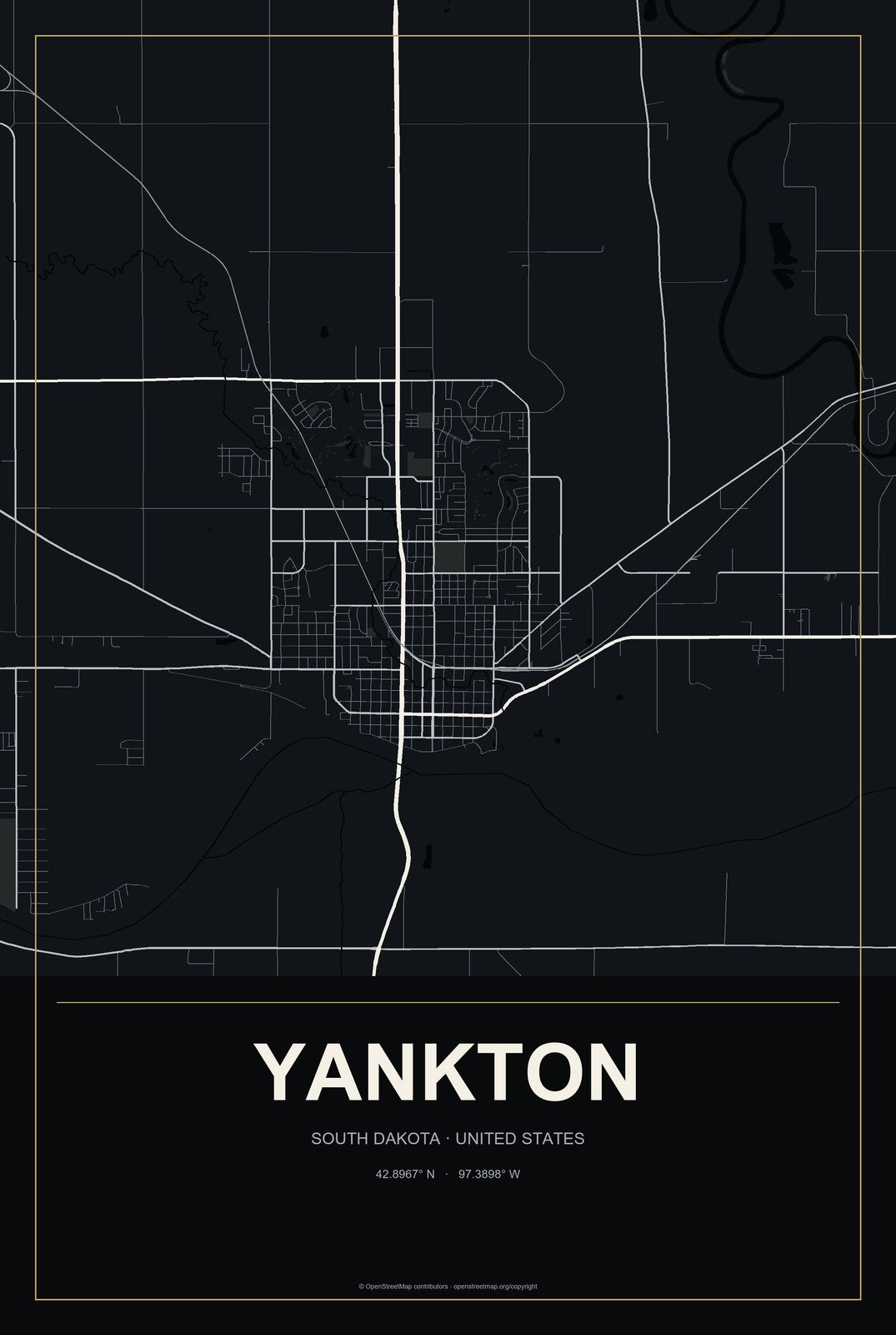 Yankton, South Dakota City Map Aluminum Sign in Metropolitan Noir style