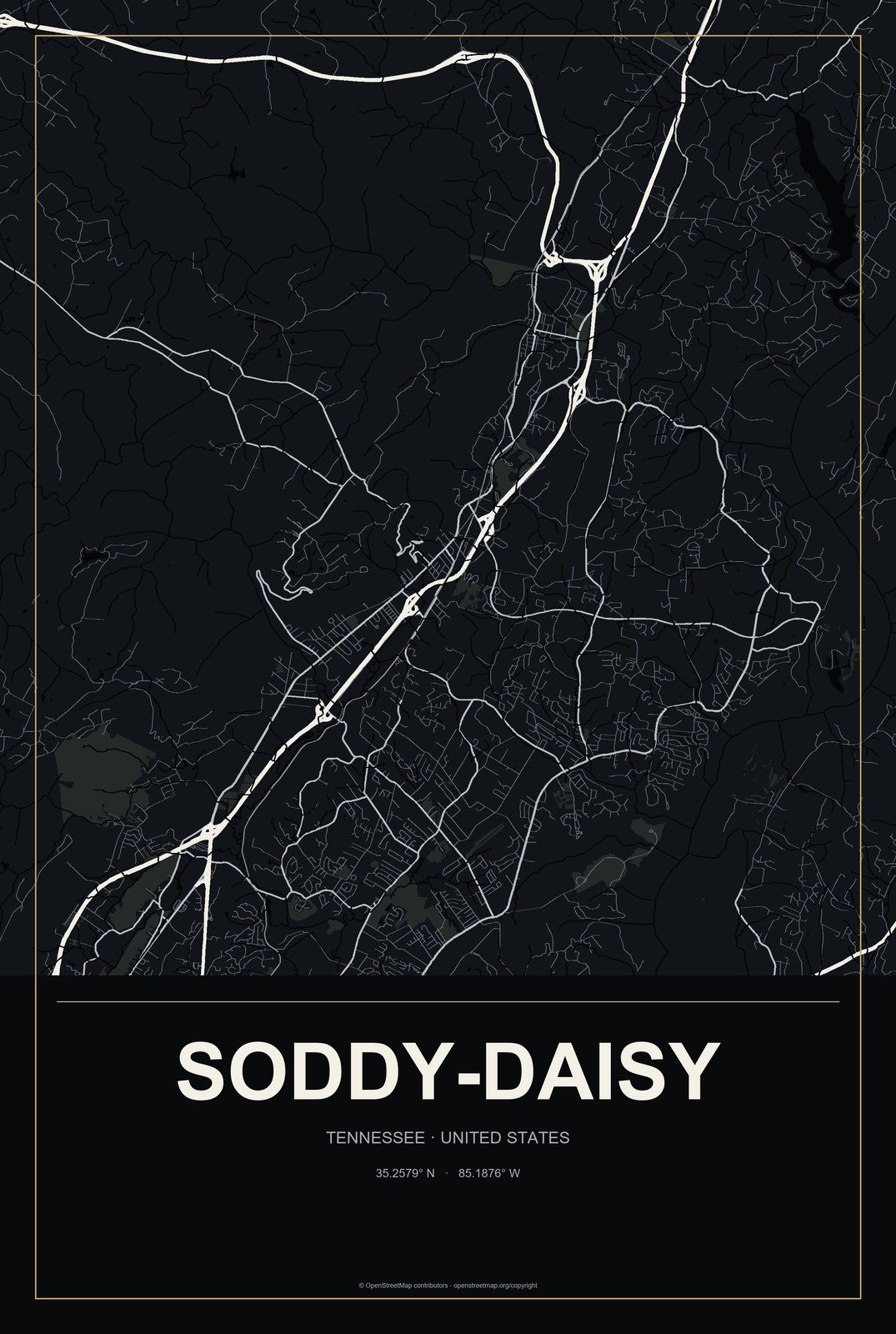Soddy-Daisy, Tennessee City Map Aluminum Sign in Metropolitan Noir style