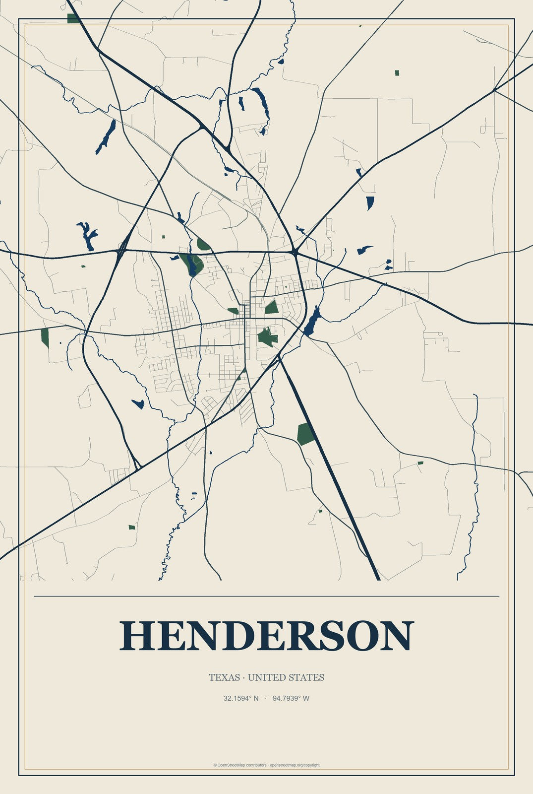 Henderson, Texas City Map Aluminum Sign in Coastal Cutout style
