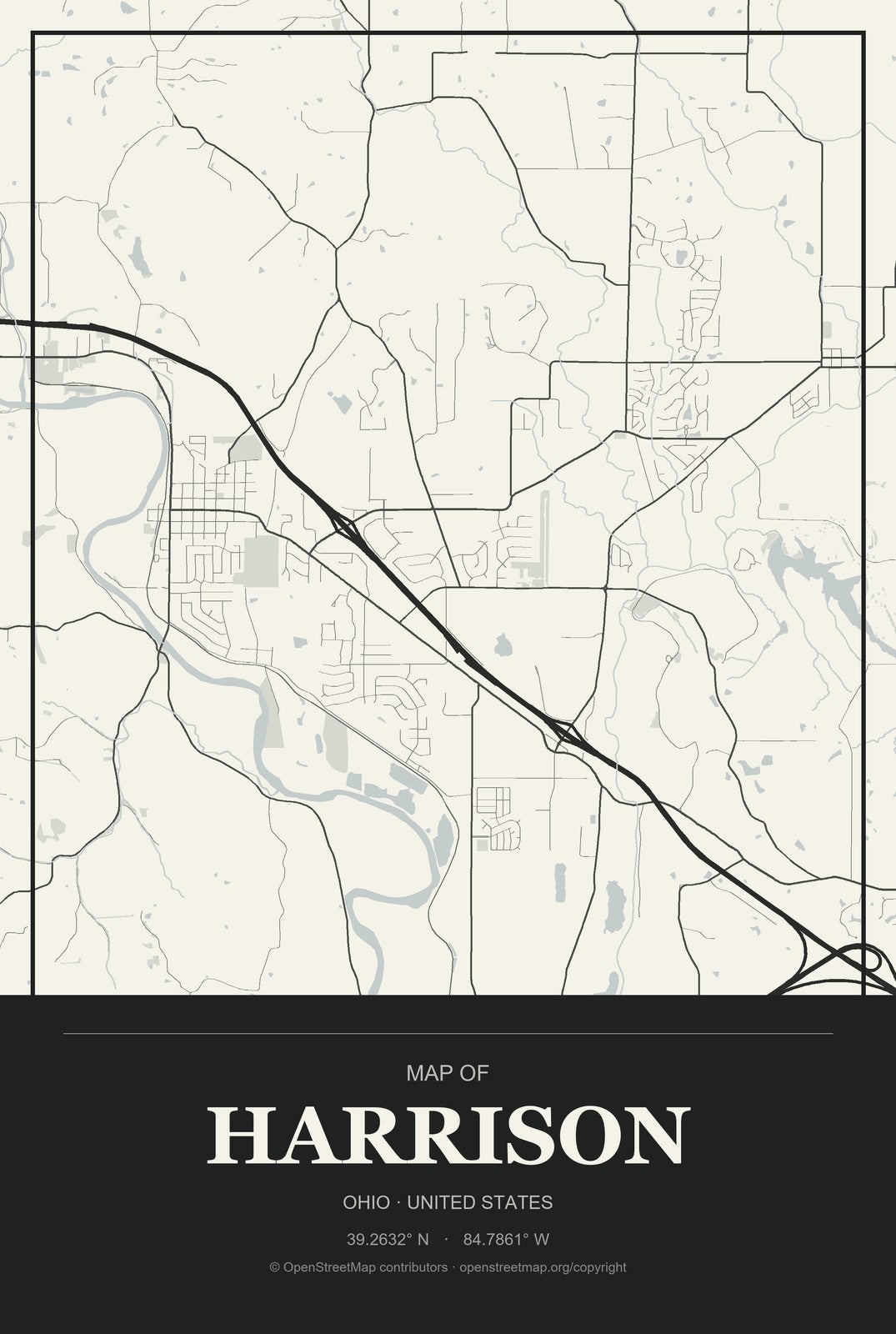 Harrison, Ohio City Map Aluminum Sign in Museum Plaque style