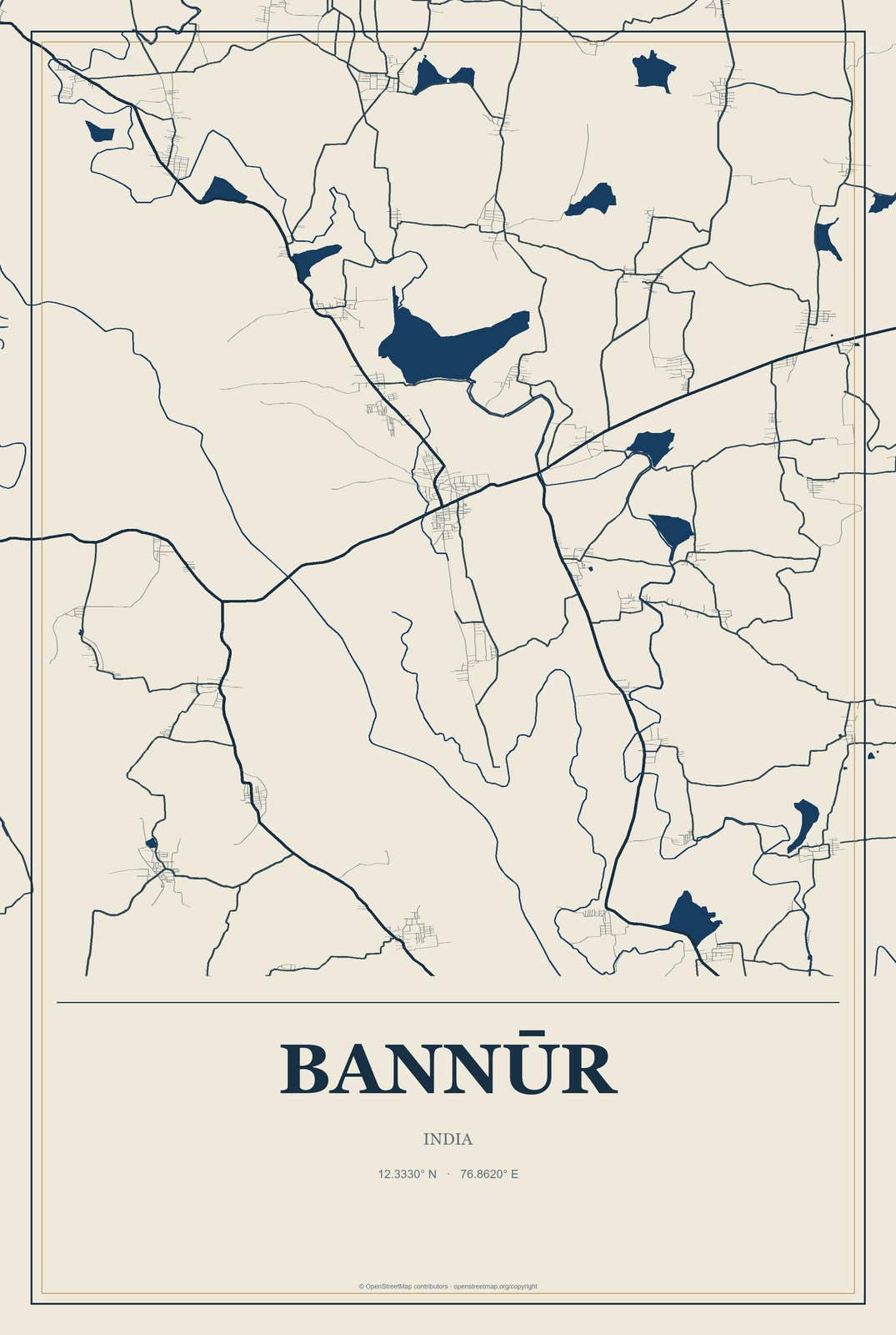 Bannūr, India City Map Aluminum Sign in Coastal Cutout style