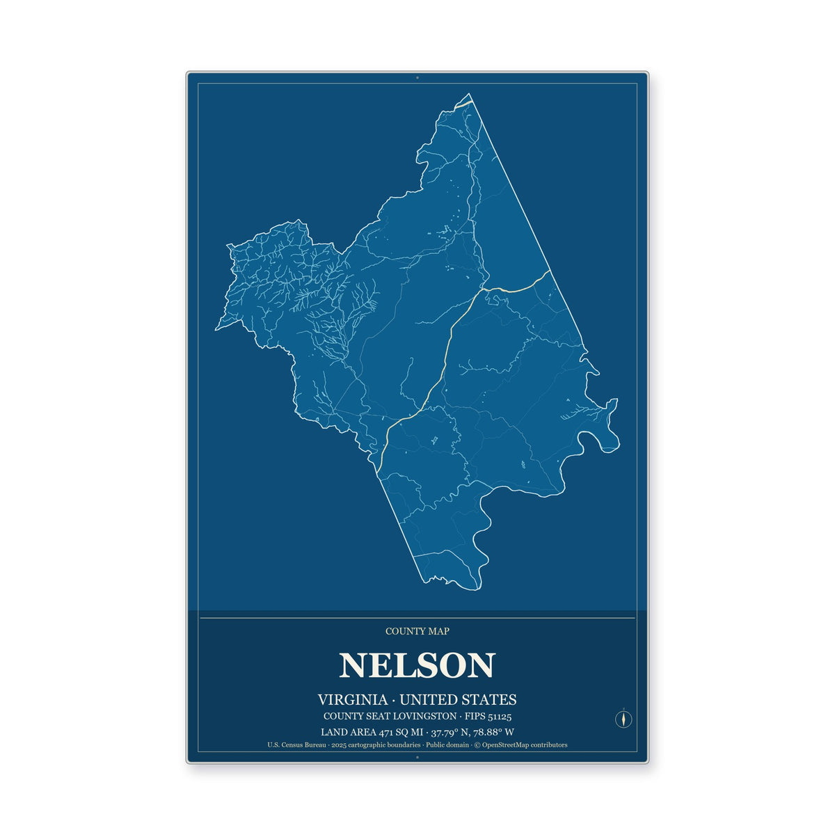 Nelson County, Virginia Map Aluminum Sign in Harbor Cobalt style