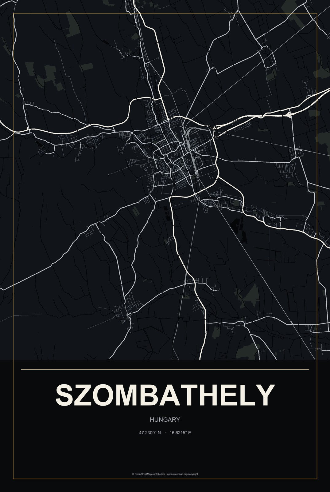 Szombathely, Hungary City Map Aluminum Sign in Metropolitan Noir style
