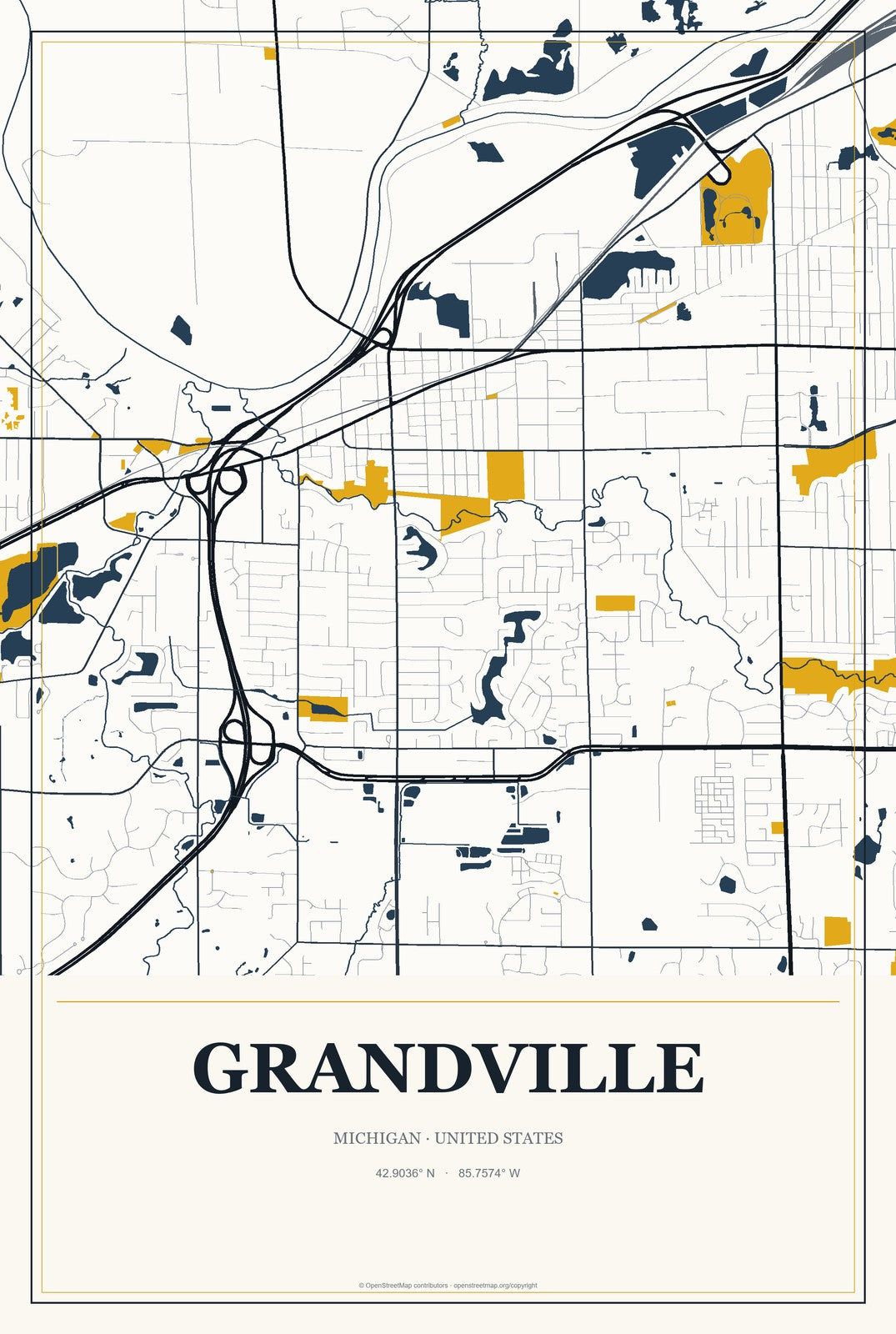 Grandville, Michigan City Map Aluminum Sign in Citrine Modern style