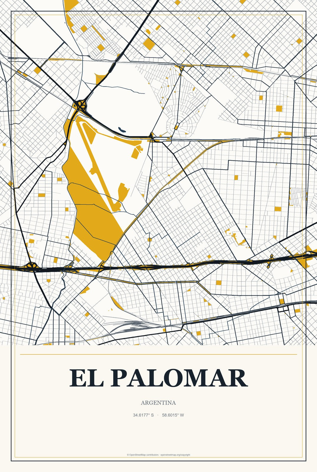 El Palomar, Argentina City Map Aluminum Sign in Citrine Modern style