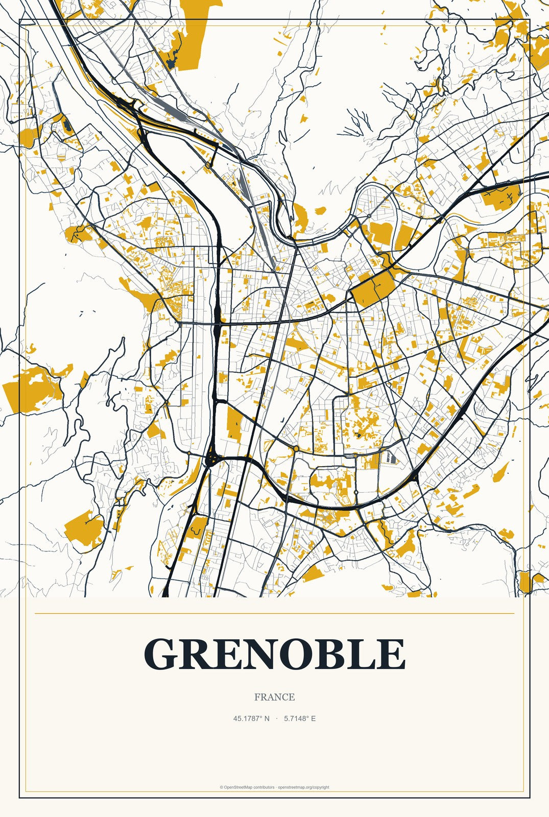 Grenoble, France City Map Aluminum Sign in Citrine Modern style