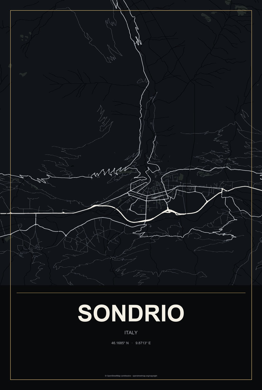 Sondrio, Italy City Map Aluminum Sign in Metropolitan Noir style