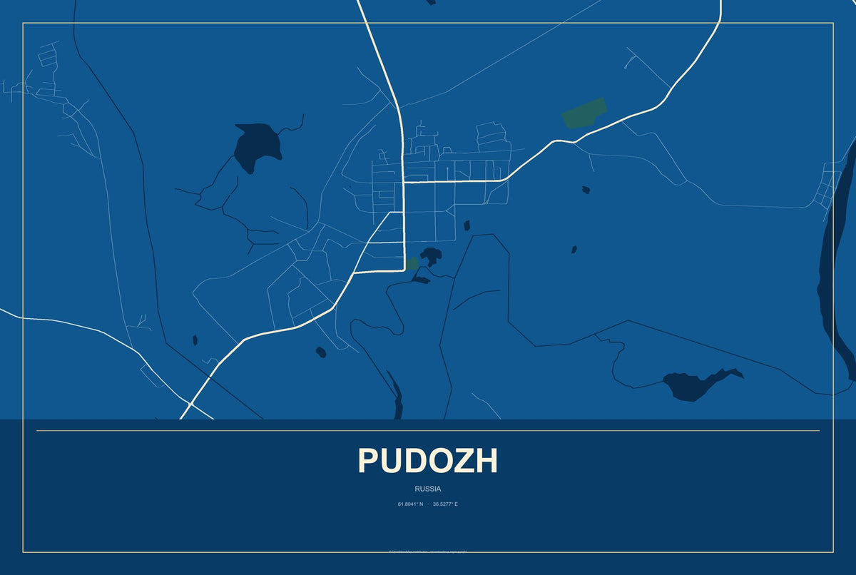Pudozh, Russia City Map Aluminum Sign in Harbor Cobalt style