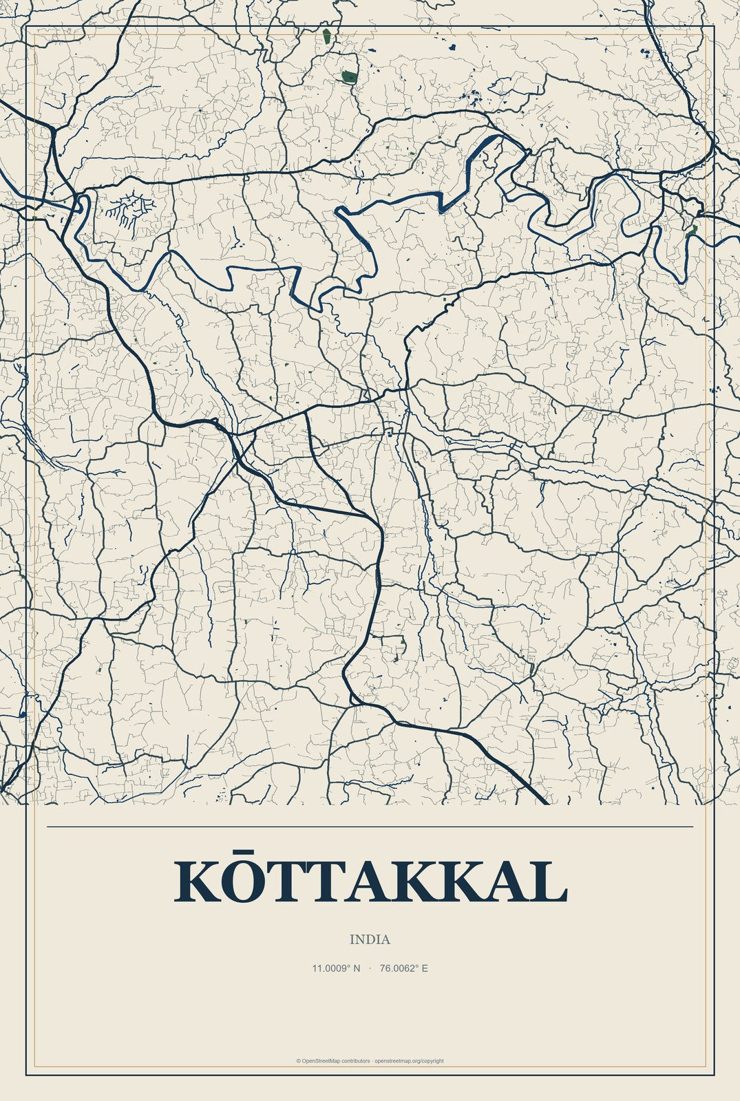 Kōttakkal, India City Map Aluminum Sign in Coastal Cutout style