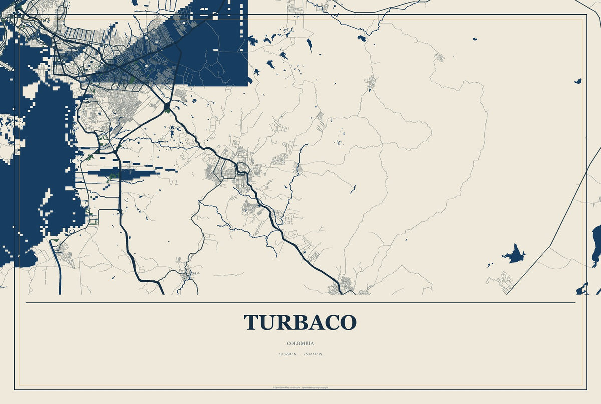 Turbaco, Colombia City Map Aluminum Sign in Coastal Cutout style