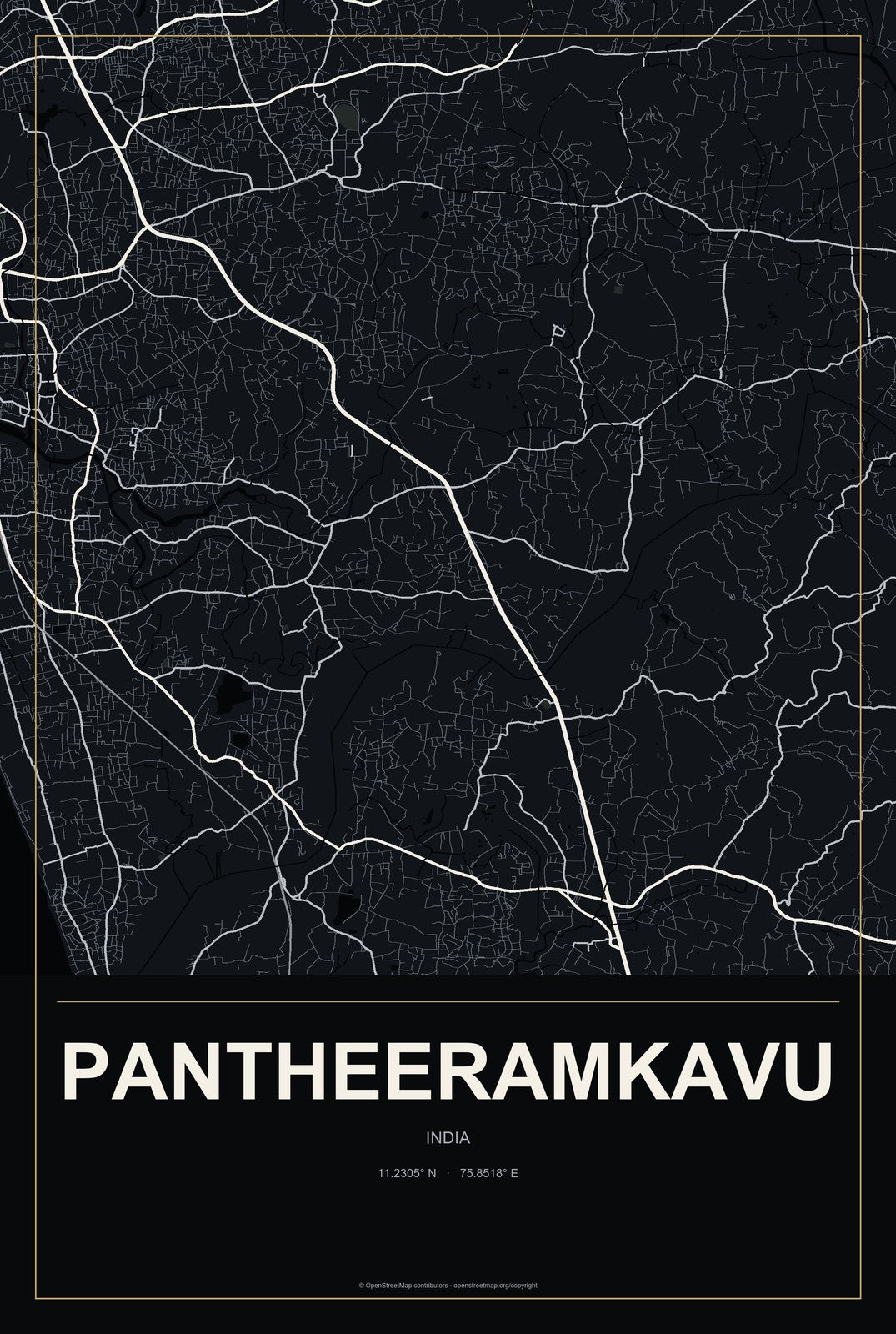 Pantheeramkavu, India City Map Aluminum Sign in Metropolitan Noir style