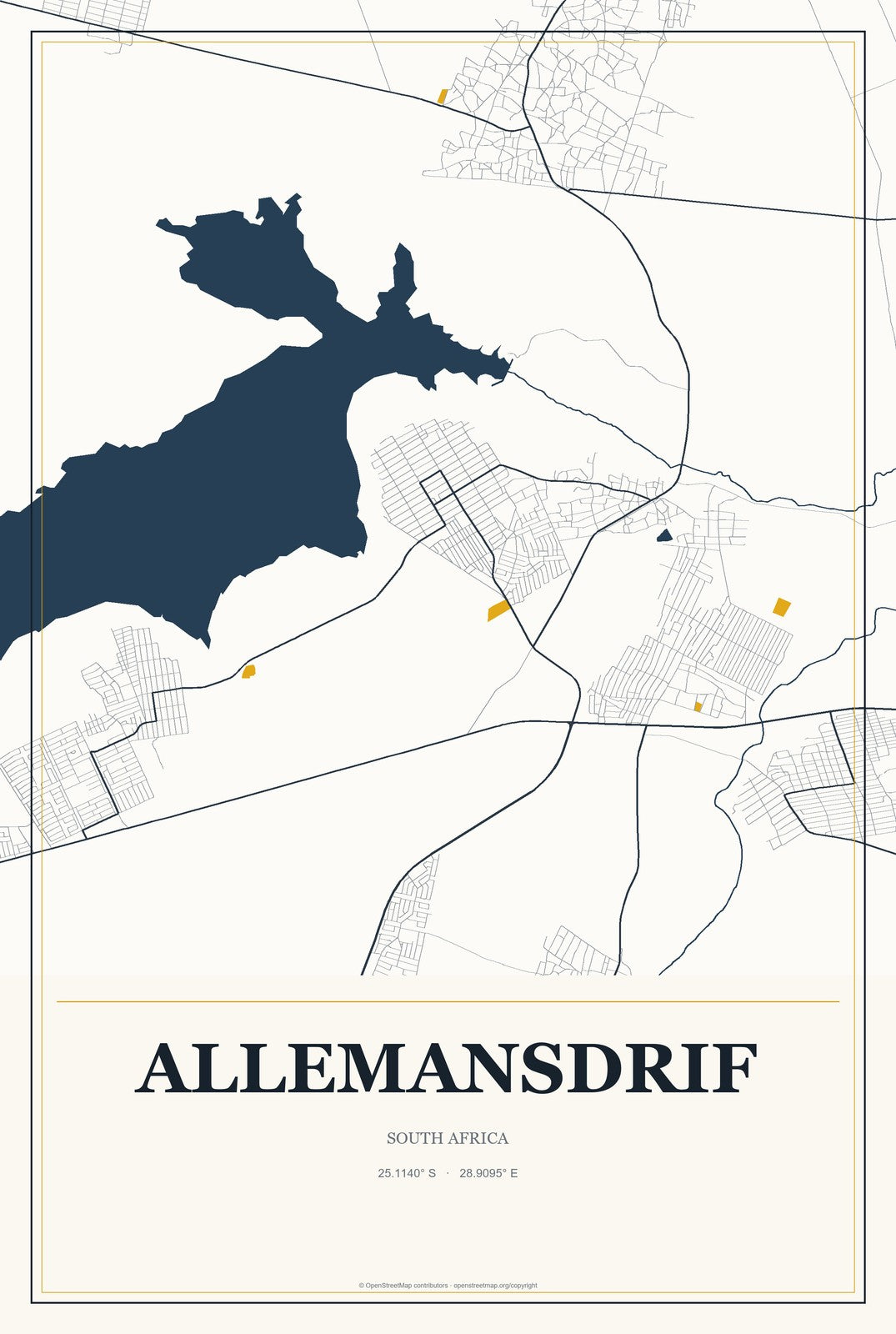 Allemansdrif, South Africa City Map Aluminum Sign in Citrine Modern style