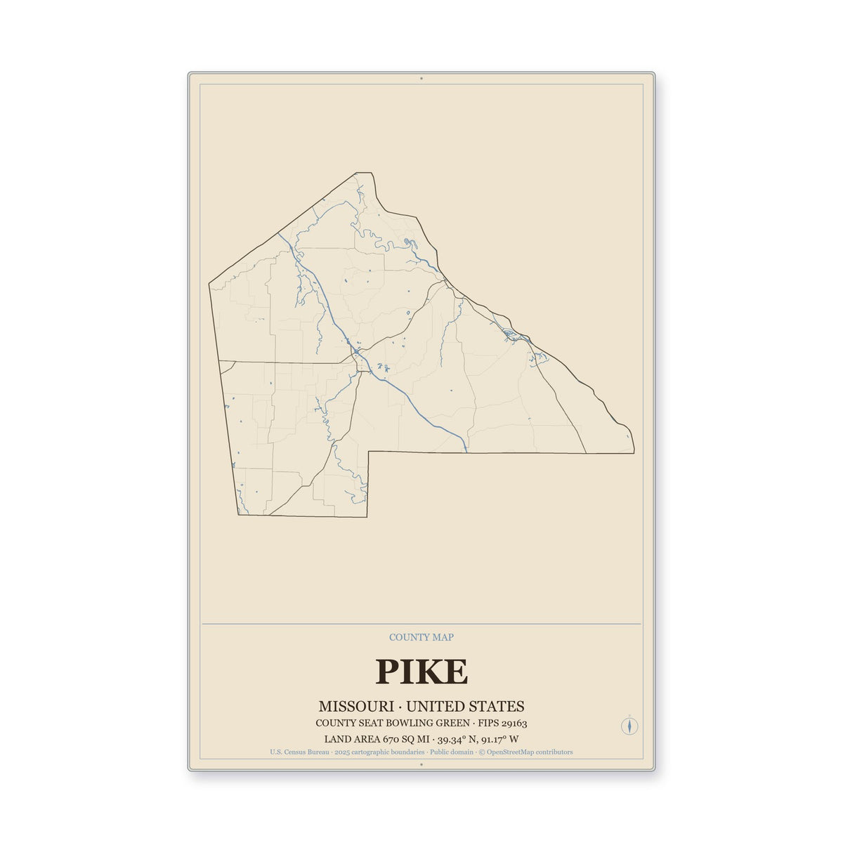 Pike County, Missouri Map Aluminum Sign in Heritage Nautical style