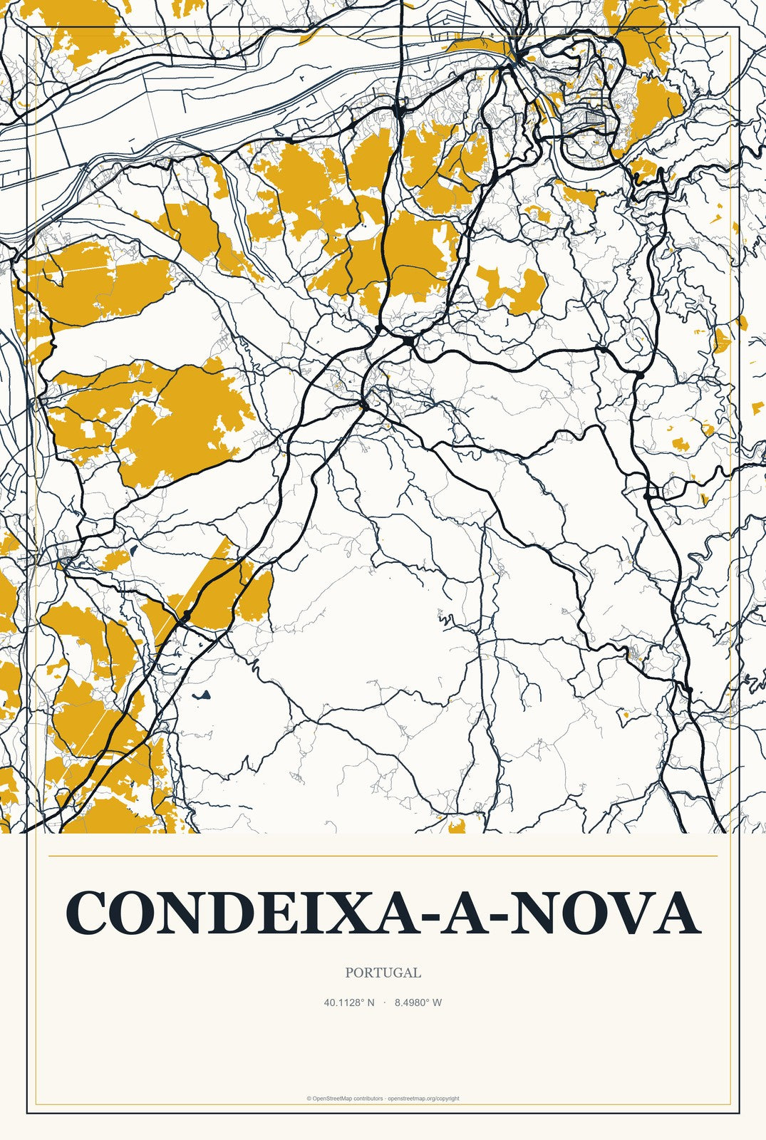 Condeixa-a-Nova, Portugal City Map Aluminum Sign in Citrine Modern style