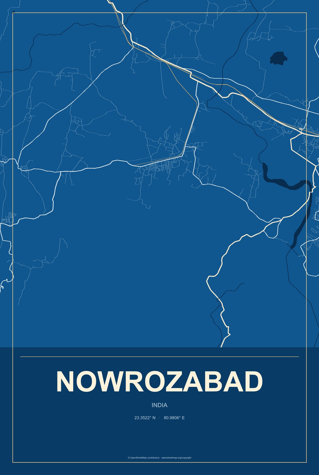 Nowrozabad, India City Map Aluminum Sign in Harbor Cobalt style
