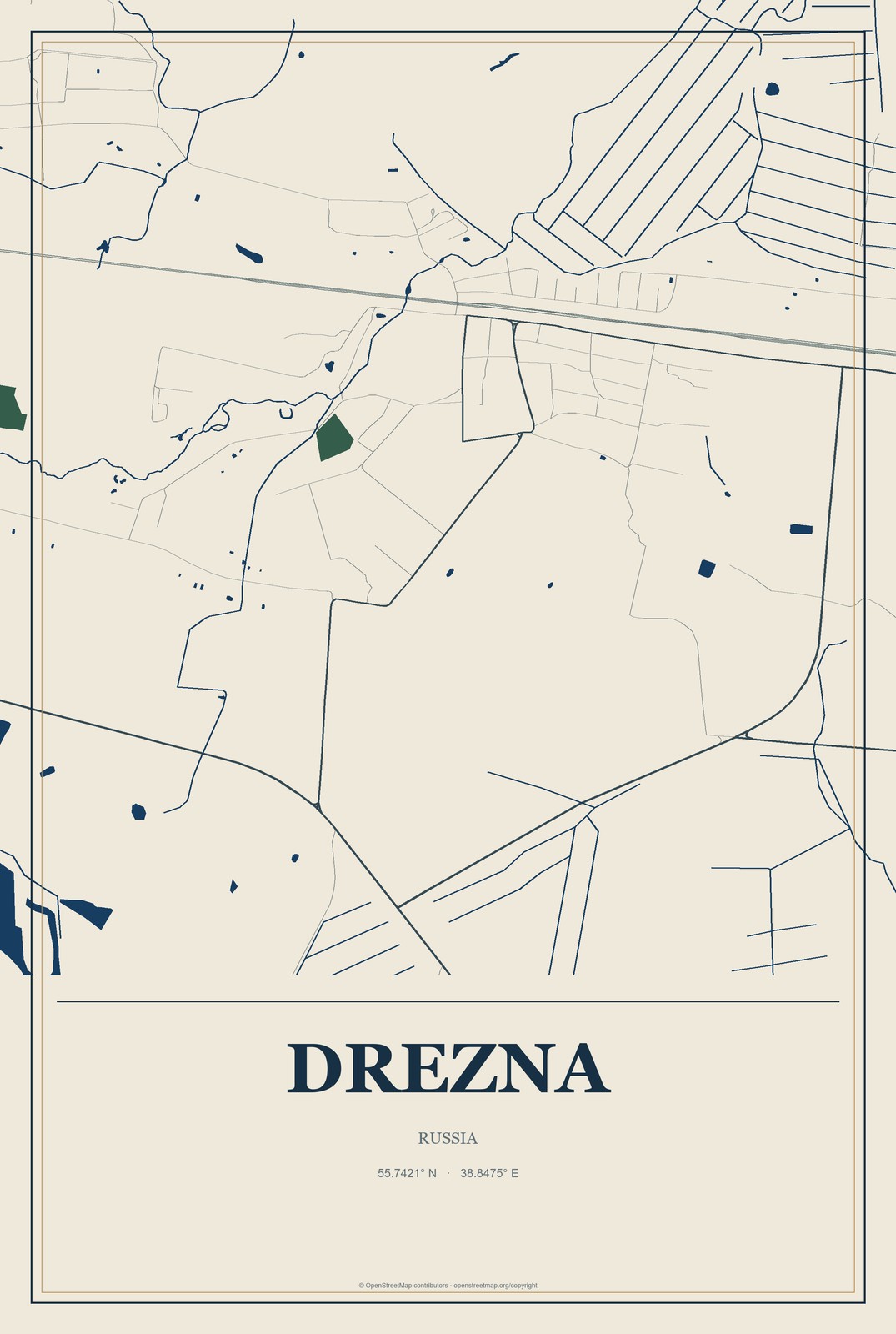Drezna, Russia City Map Aluminum Sign in Coastal Cutout style