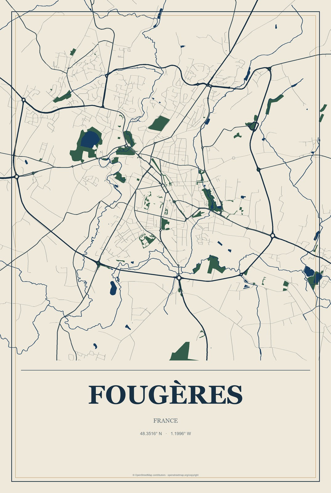 Fougères, France City Map Aluminum Sign in Coastal Cutout style
