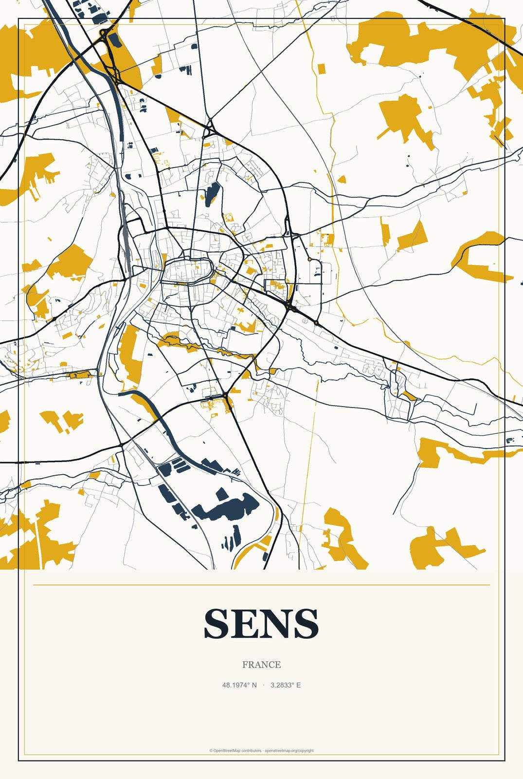 Sens, France City Map Aluminum Sign in Citrine Modern style