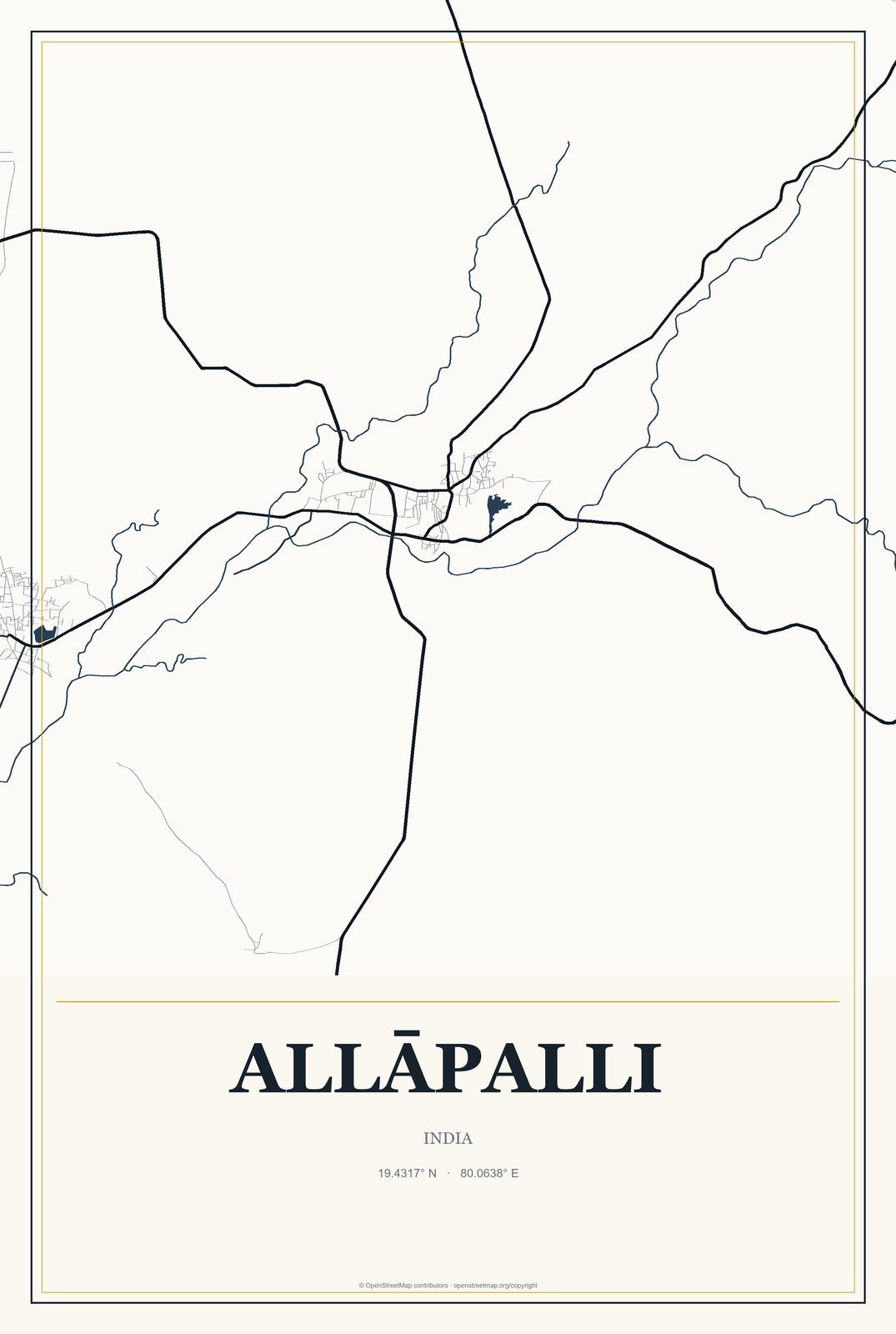 Allāpalli, India City Map Aluminum Sign in Citrine Modern style