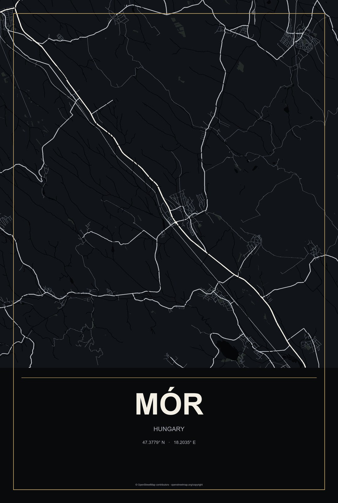 Mór, Hungary City Map Aluminum Sign in Metropolitan Noir style