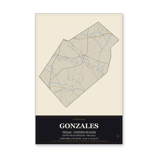 Gonzales County, Texas Map Aluminum Sign in Museum Plaque style