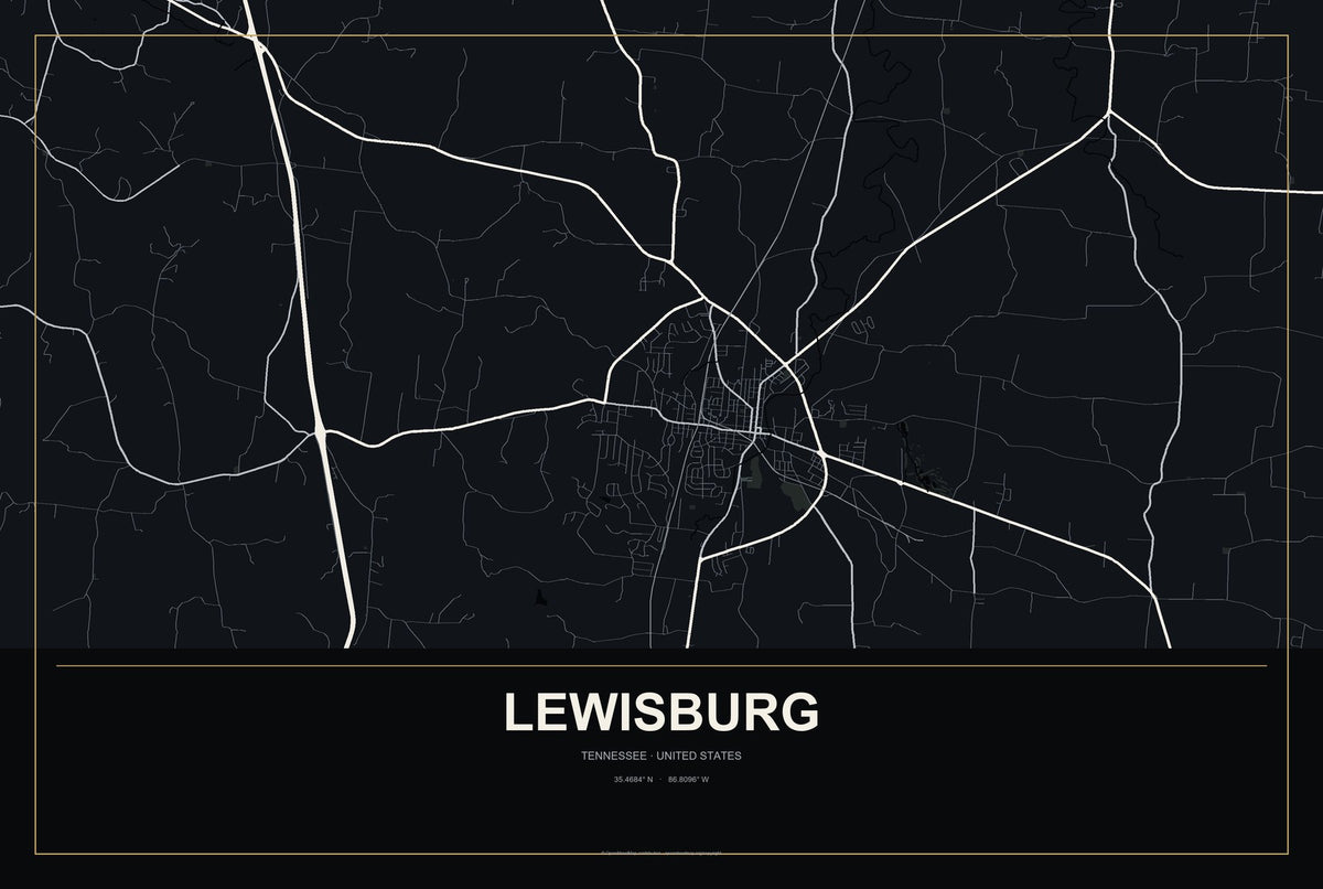 Lewisburg, Tennessee City Map Aluminum Sign in Metropolitan Noir style