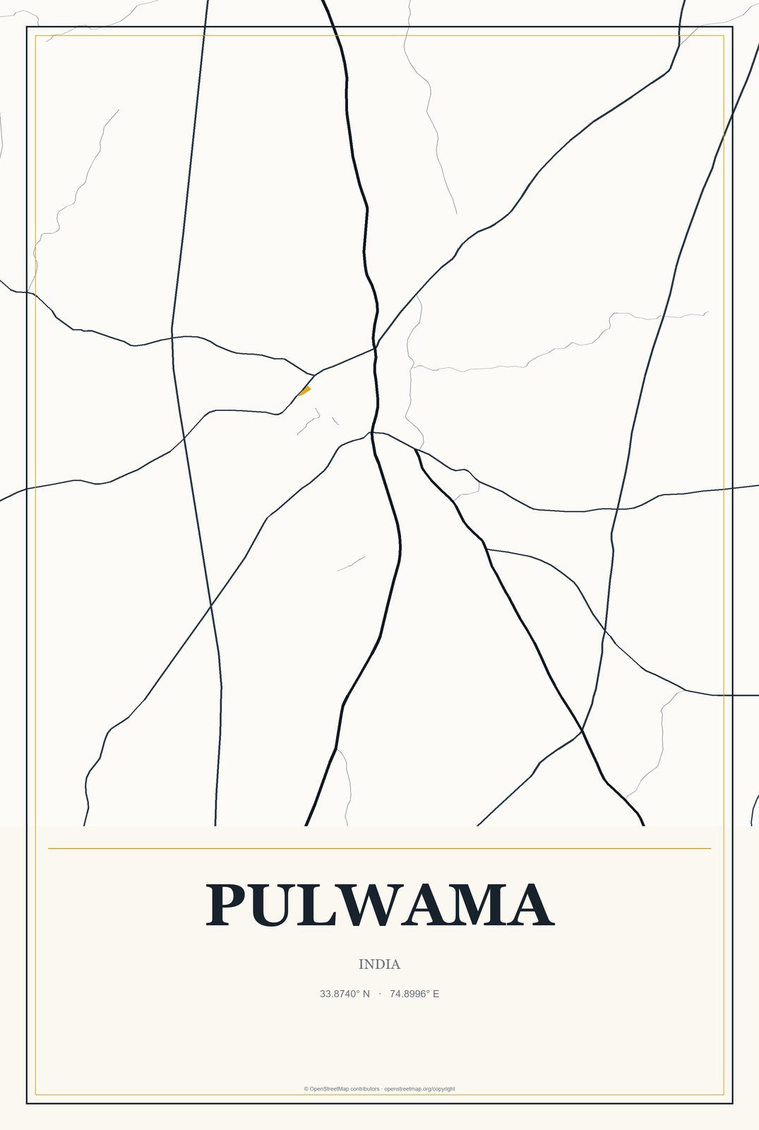 Pulwama, India City Map Aluminum Sign in Citrine Modern style